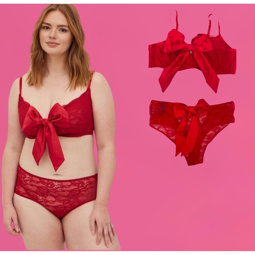 NEW TORRID SIZE 2 / 2X RED LACE SATIN BOW LINGERIE UNDERWIRE BRALETTE PANTY SET